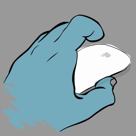 Cartoon illustration of a hand holding an Apple Magic Mouse with finger raised to click