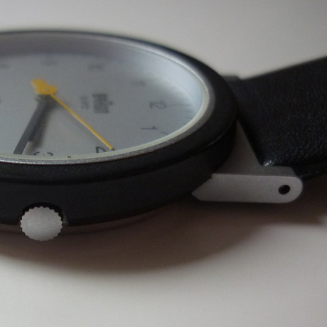 Photo of AW10 Wristwatch by Braun showing the case, glass, crown, strap and lugs