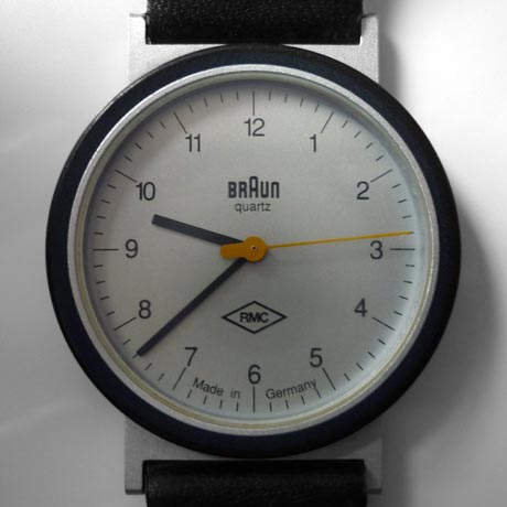 Close up of the dial of the Braun AW10 Wristwatch designed by Dietrich Lubs in 1989