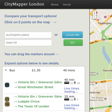 Citymapper Transport Comparison Mashup Site