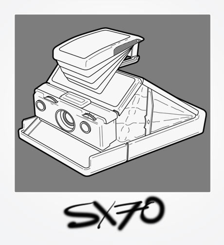 Polaroid SX70 Illustration - lineart outline of SX70 folding camera in a Polaroid frame