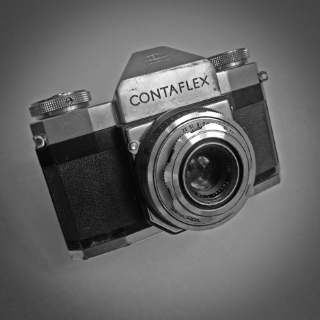 Photo of a Zeiss Contaflex - mid-1950s SLR camera in black and white