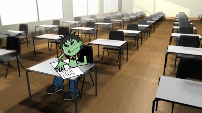 Felix having a nightmare of sitting his exams on his own as the clock hands spin out of control