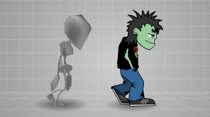 Image of the animated 3D skeleton used to correctly draw the frames for the character's walk cycle
