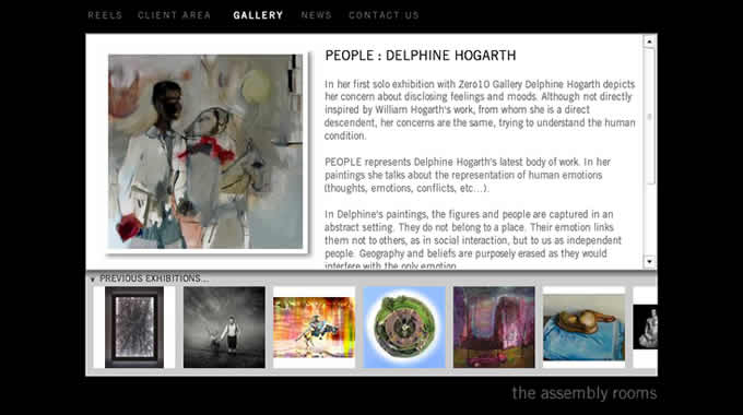 The gallery page, displaying the latest exhibition and past events from The Assembly Rooms website.