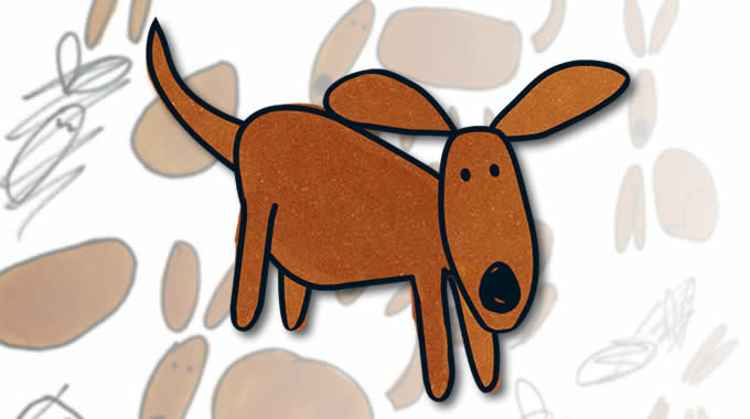 Wallace the dog - example frame from final animation of character, superimposed on some original sketches